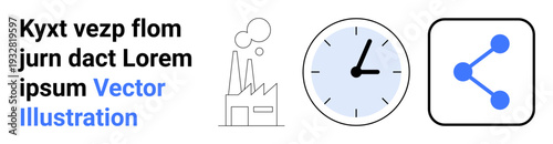 Industrial processes, time tracking, networking, digital technology, sharing, productivity. Factory outline, clock share icon. Industrial processes and time tracking conceptual