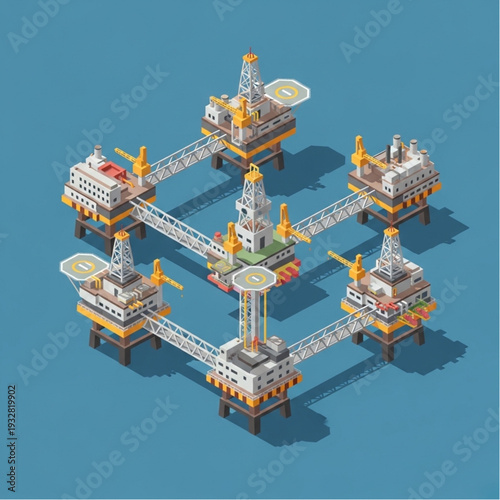 Isometric illustration of an offshore oil rig platform complex.