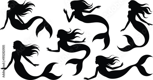 Collection of Mermaid Silhouette Illustrations in Different Swimming Poses Vector Set Isolated on White Background for Fantasy, Mythical Creature and Ocean Design Concept