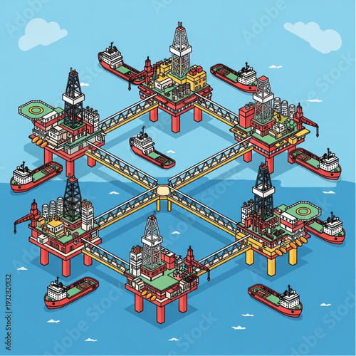 Isometric illustration of an offshore oil rig complex with multiple platforms.