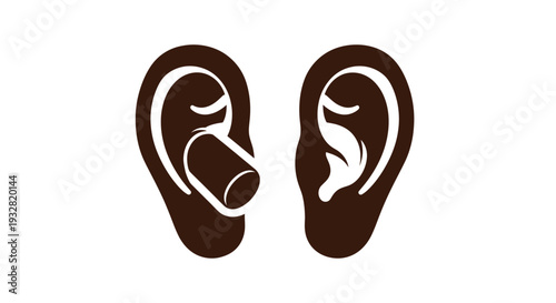 Vector graphic illustration comparing an ear with a foam earplug inserted against a bare ear for noise protection concepts