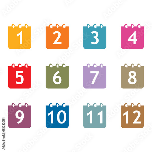 Twelve Calendar Pages with Numbers