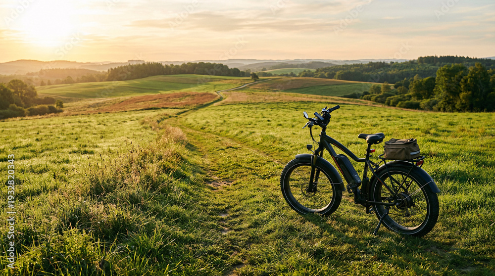 Obraz premium Electric fat bike stands on a winding dirt path through green rolling hills at golden sunset light