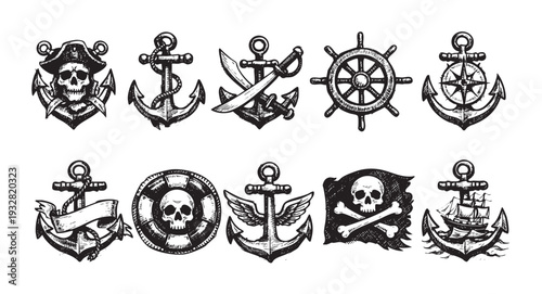 A collection of hand drawn nautical pirate elements in vintage style, featuring anchors, skulls, ship wheel, and jolly roger, perfect for themed designs and decorations.