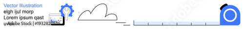 Cloud computing, data analytics, technology workflow, progress tracking, measurement solutions, business tools. Illustrated elements include cloud, graphs gear and measuring tape. Cloud computing