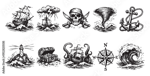 Black and white line art features various nautical and pirate elements including ships, skull, compass, treasure, and sea monsters, creating a vintage, adventurous mood.