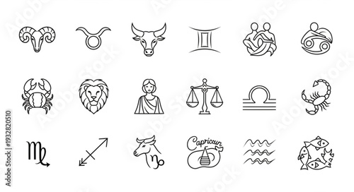 Zodiac signs illustration, representing astrological symbols, perfect for horoscopes and astrology.
