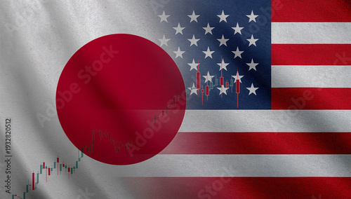 チャートを大きく見せた日米国旗フレームの為替データ背景素材