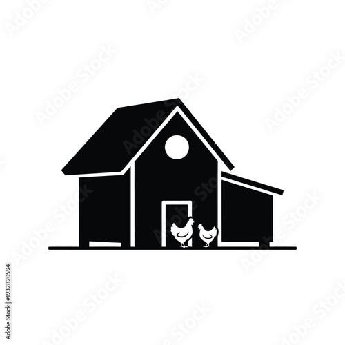 Black silhouette of a barn with two chickens