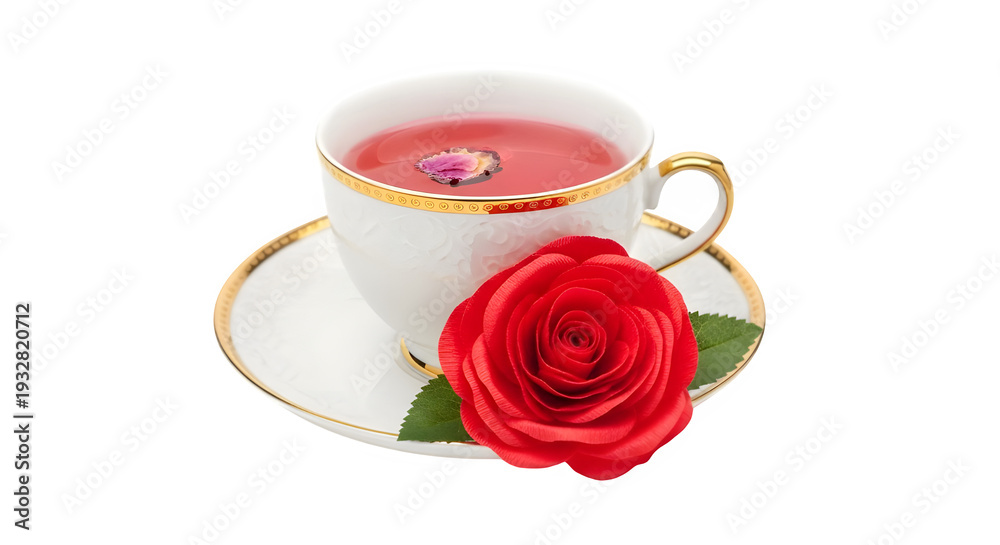 Fototapeta premium Elegant white porcelain teacup filled with vibrant crimson rose-infused liquid rests beside a lush scarlet rose blossom on a white surface.