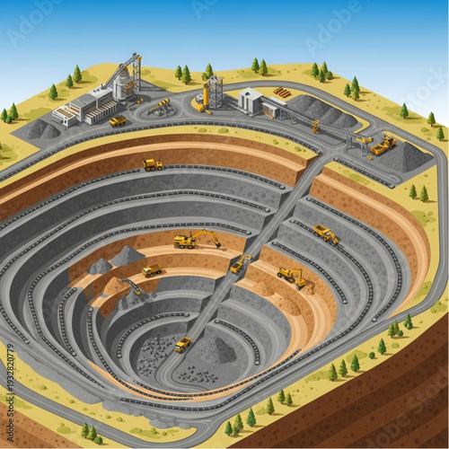 Open pit mine excavation with heavy machinery and layered geological formation.