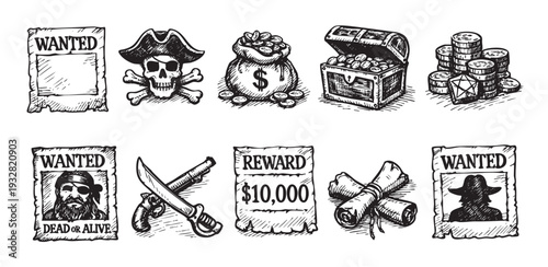 A detailed sketch illustration of pirate themed elements, including a skull, wanted posters, gold, weapons, and treasure, on a white background for use in designs and illustrations.