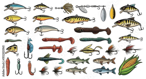 Collection of various fishing lures and hooks, perfect for angling enthusiasts and hobbyists.