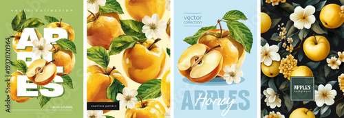 Hand drawn set of designs and patterns. Vectorized gouache illustrations. Illustrations of yellow apples with flowers and leaves for poster, prints, menu, card or textile