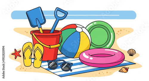 Beach day essentials - bucket, shovel, ball, float, sunglasses, and flip-flops.