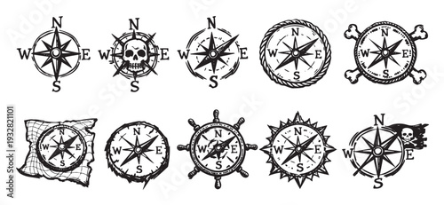 Collection of hand-drawn nautical compasses and pirate design elements on white background; isolated. Perfect for nautical themes, pirate adventures, maps, or vintage designs.