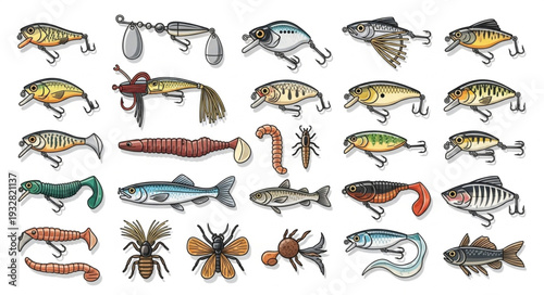 Collection of various fishing lures and artificial baits for angling sport.