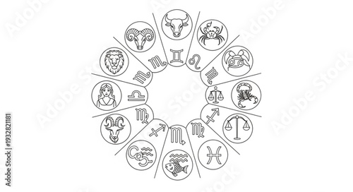 Astrological Zodiac Wheel Depicting Celestial Signs and Symbols in Circular Arrangement.