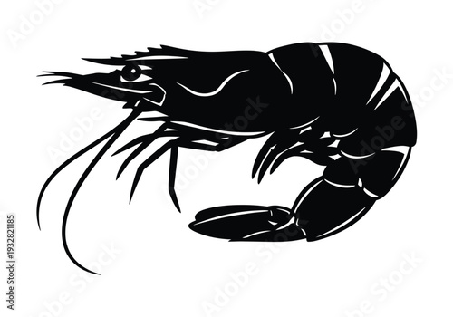 Black silhouette of a shrimp on a white background