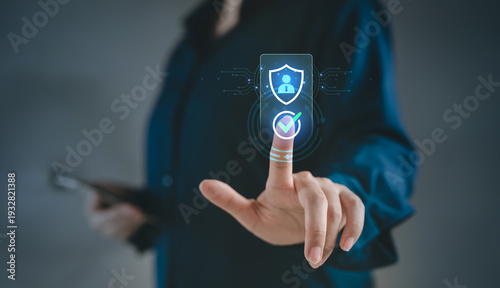 Billede på lærred personal data privacy consent and account security concept, Person hand touching