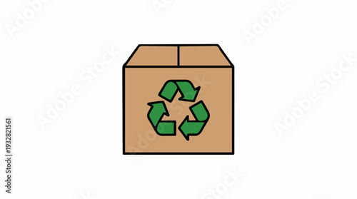 Brown Cardboard Box With Green Recycling Symbol Front View Isolated On White Background
