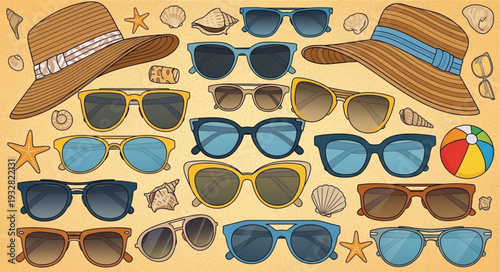 Collection of stylish sunglasses and sun hats for summer beach vacation.
