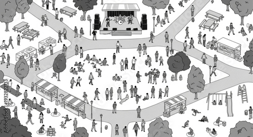 A bustling outdoor concert scene with a stage and many people enjoying the event.