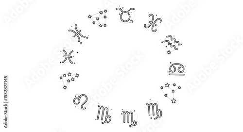 Zodiac wheel illustration featuring astrological signs in a circular arrangement, black and white.