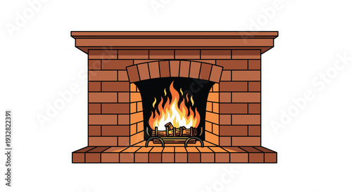 Cozy brick fireplace with a bright glowing flame and burning wooden logs creates a warm atmosphere indoors during winter.