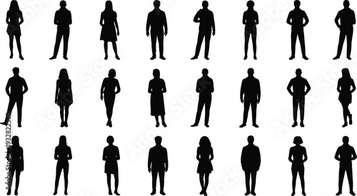 People silhouette icon set with standing male and female figures for business presentations, teamwork, leadership concepts, workforce diversity, and modern professional design use