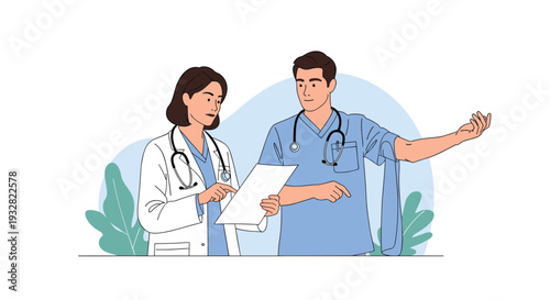 Two medical professionals in scrubs and lab coats carefully reviewing a clinical document together in a hospital setting.