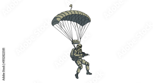 Military soldier descending from the sky using a large tactical parachute while holding a rifle during a specialized mission.