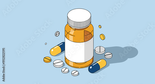 Orange plastic medicine bottle surrounded by various scattered capsules and white tablets on a light blue background.