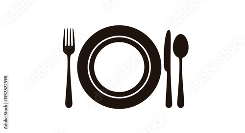 Simple dark brown vector graphic illustration depicting a formal place setting with a central plate flanked by a fork and a knife and spoon