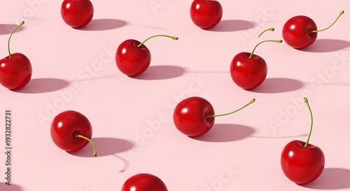 A top-down view of vibrant red cherries scattered across a soft pink surface, casting subtle shadows, capturing a serene and inviting still life scene with fresh fruit in a minimalist environment.