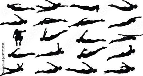 Swimming athlete silhouettes performing freestyle stroke and diving poses, professional swimmer training set isolated vector illustration collection