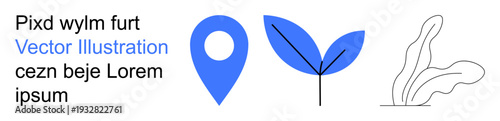 Navigation, environmental awareness, minimalism, digital design, creativity, eco-friendly branding concept. Features a blue location pin, leafy shape and line art plant. Navigation and environmental