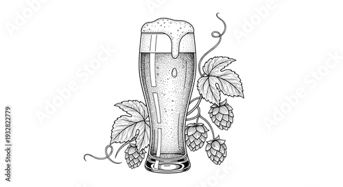 Detailed black and white stippled illustration of a glass of frothy beer surrounded by fresh hops and leaves.
