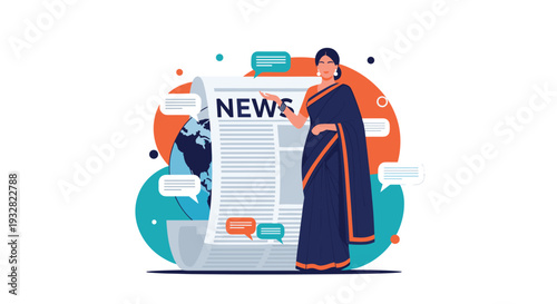 News anchor woman wearing a traditional saree standing in front of a newspaper and globe backdrop for news broadcast.