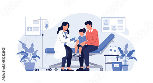 Female pediatrician in a lab coat giving a vaccination or medical exam to a young child sitting on a hospital bed.