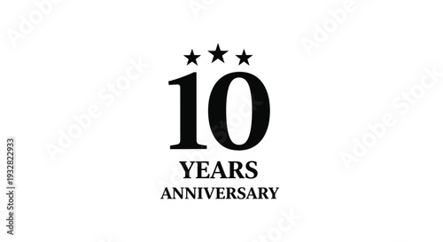 Simple black vector graphic illustration celebrating a significant ten year milestone with stars above the number.