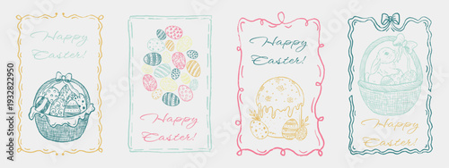 Easter greeting card with ribbon frame. Easter eggs, wicker basket and traditional cake. Hand drawn vector sketch illustration in vintage doodle crayon charcoal style. Elegant pastel drawings
