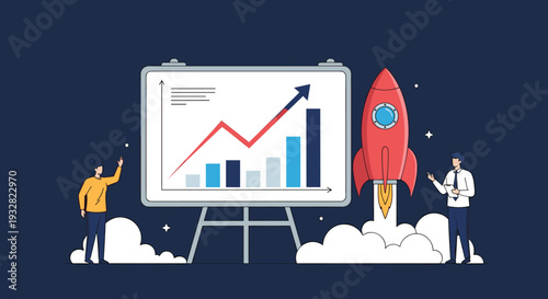 Two business professionals presenting a successful growth chart next to a launching rocket ship for startup motivation.
