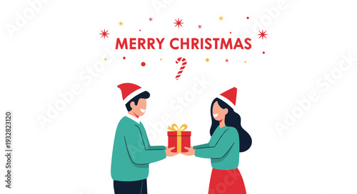 Couple wearing green sweaters and santa hats exchanging a red Christmas gift box under a festive holiday greeting.