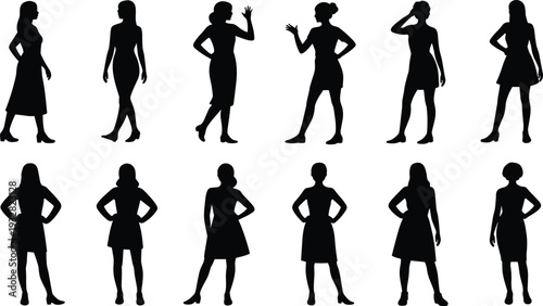 Women silhouette icon set with elegant female standing poses and gestures for fashion design, lifestyle concepts, social communication, presentations, and modern professional graphic use
