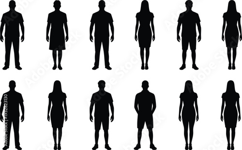 People silhouette icon set with standing male and female figures in casual clothing for lifestyle concepts, social graphics, diversity themes, and modern professional design use