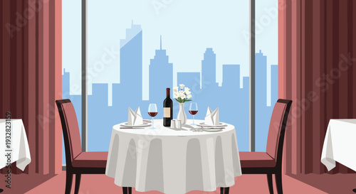 Elegant dinner table set for two with wine, flowers, and white linens in front of a panoramic window overlooking a city.
