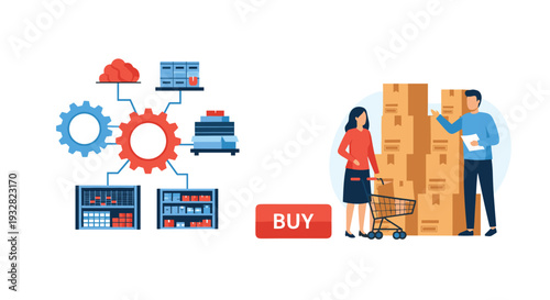 Comprehensive overview of e commerce logistics showing gear mechanisms, warehouse storage, and customers with shopping carts.