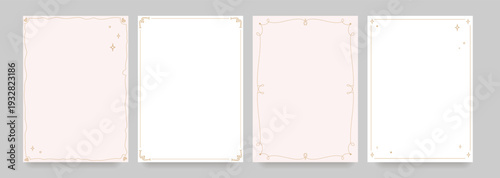 Set of elegant minimalist decorative frames with thin gold line borders with ornamental vintage inspired details for wedding invitations certificates branding templates and luxury stationery.Vector