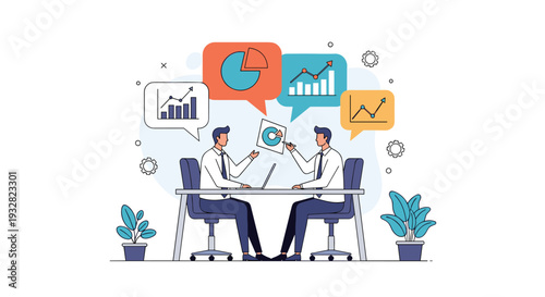 Two professional male colleagues sitting at a desk with a laptop discussing business analytics represented by speech bubbles containing various charts.